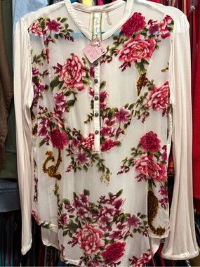 Aratta Cream Floral Henley Top with Pink Blooms